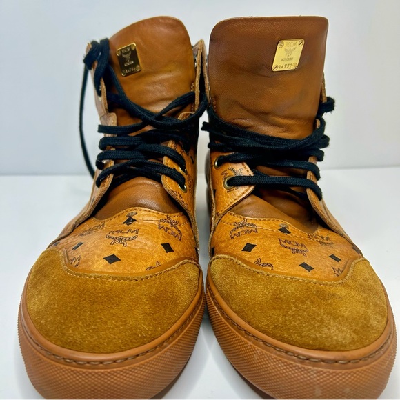 AUTHENTIC MCM Visetos Cognac Brown High-Top Sneakers - Suede Toe - Men's SZ 11 - Picture 3 of 9